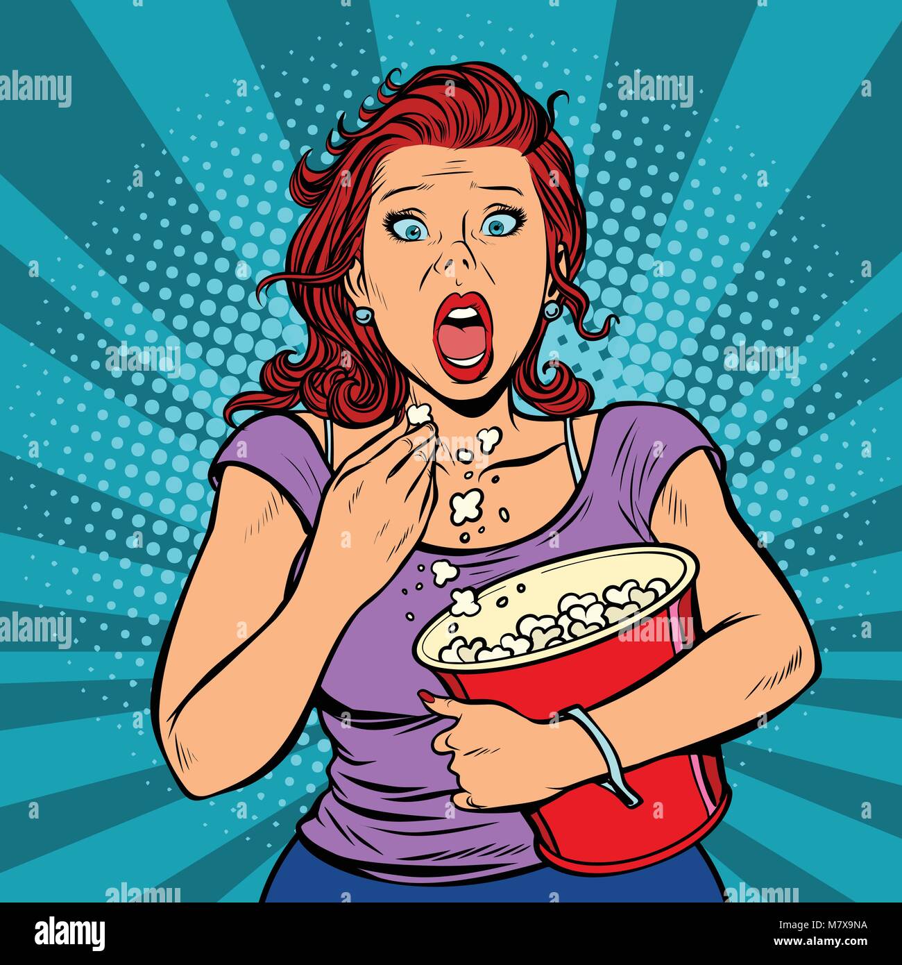 La donna a guardare un film di paura e di mangiare popcorn Illustrazione Vettoriale
