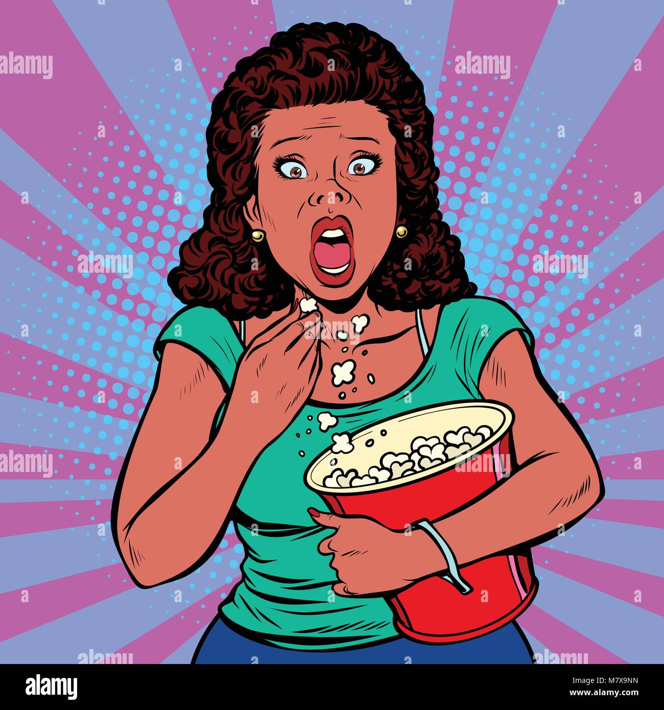 La donna a guardare un film di paura e di mangiare popcorn Illustrazione Vettoriale
