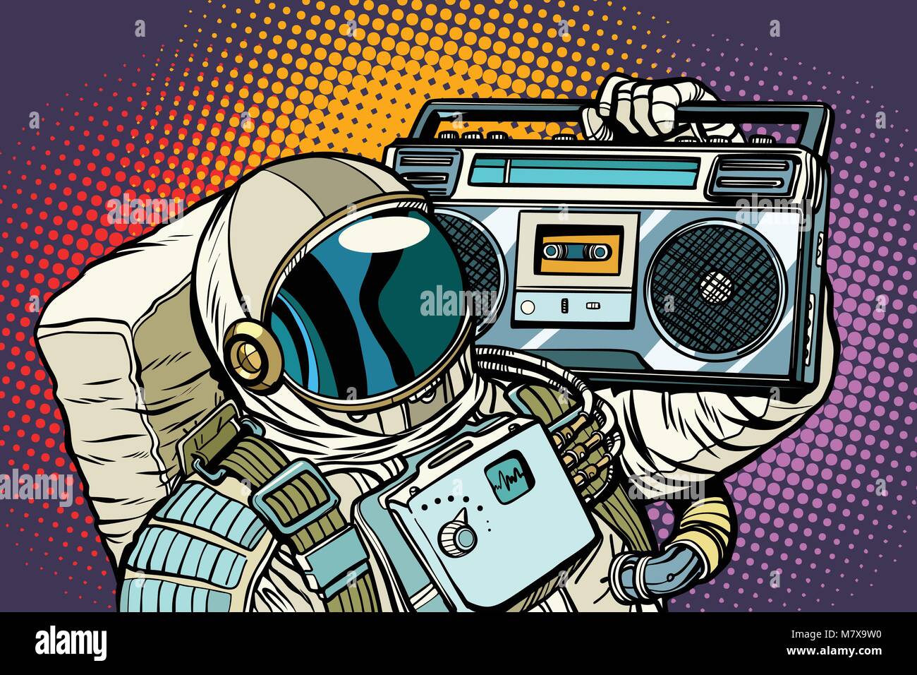 Astronauta con Boombox, audio e musica Illustrazione Vettoriale
