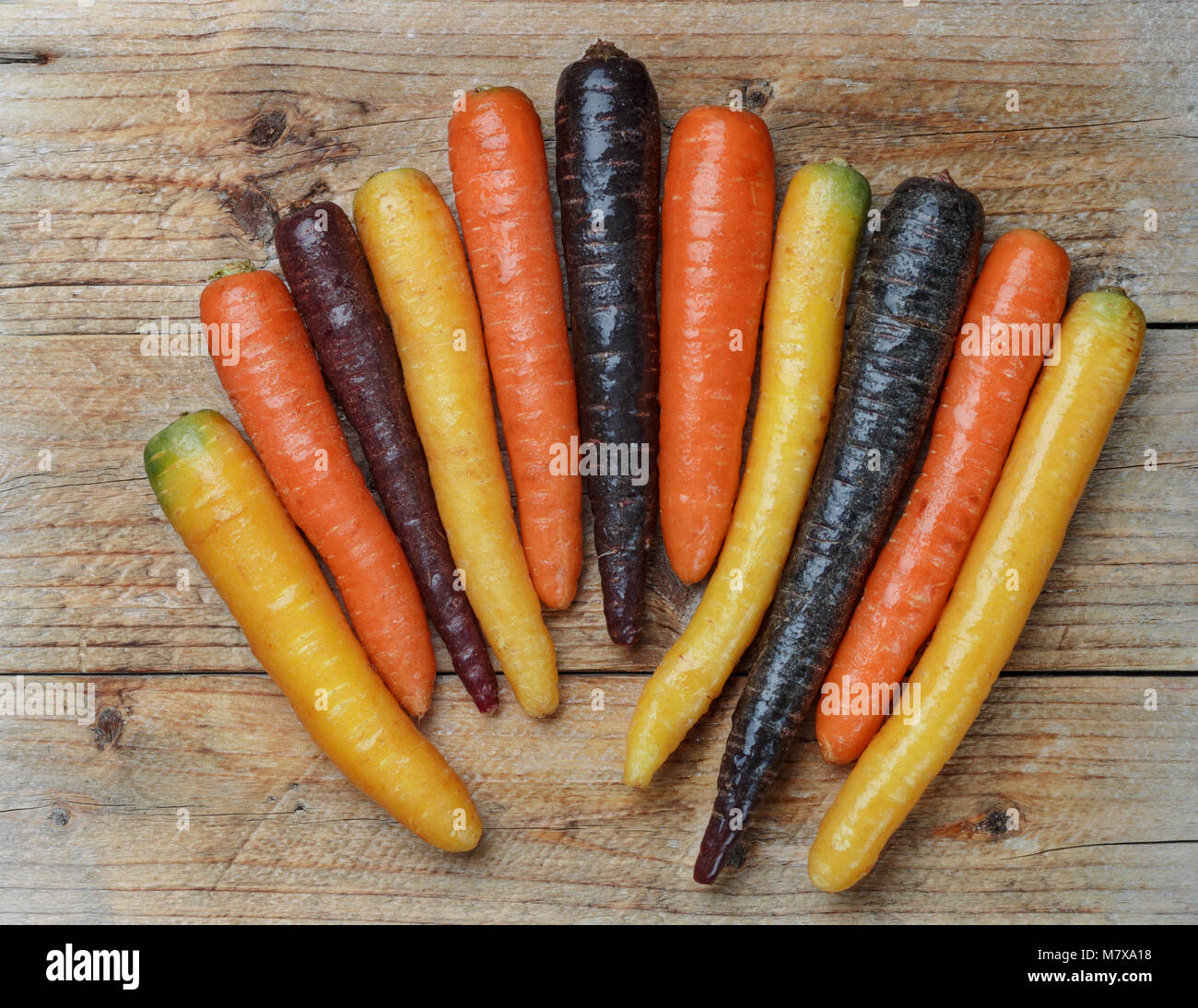 Verdure colorate. Organici di colore giallo, rosso, arancione e viola le carote su una tavola di legno. Stile rustico Foto Stock