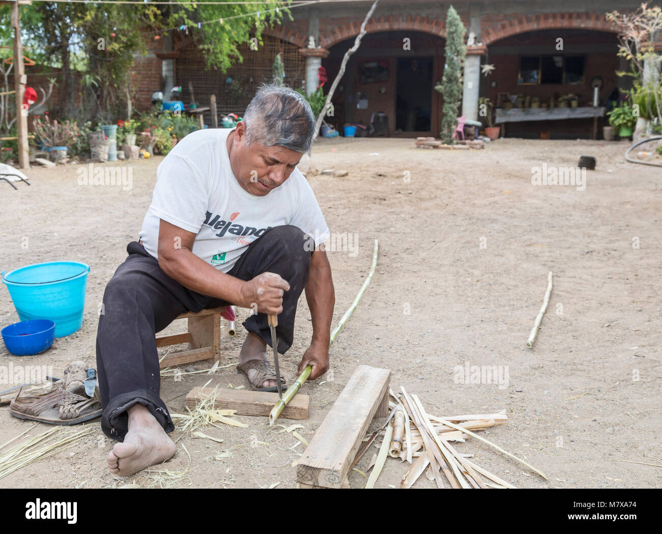 San Juan GuelavÃ-a, Oaxaca, Messico - Benito JosÃ© MartÃ-nez prepara carrizo, un bambù-come fiume reed, dalla quale egli tesse cesti. Foto Stock