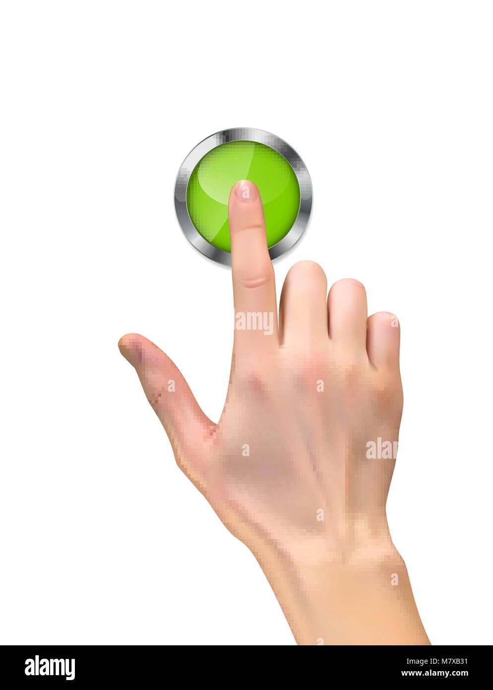 3D realistiche Silhouette di mano con inger premendo un pulsante di avvio di colore verde su sfondo bianco. Illustrazione Vettoriale Illustrazione Vettoriale