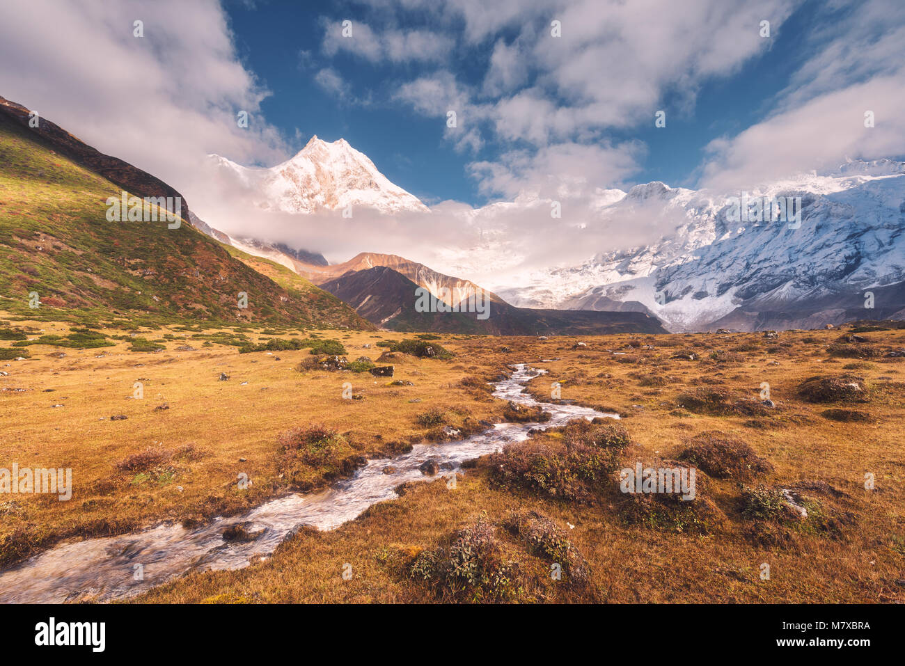 Lo splendido paesaggio di alta montagna con cime coperte di neve, piccolo fiume, giallo Erba e cielo nuvoloso al tramonto colorato. Valle di montagna. Il Nepal. Foto Stock