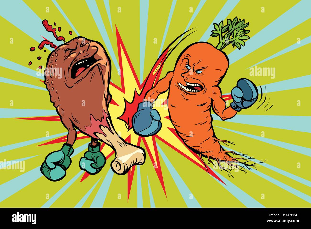 La carota batte il fast food fritto di pollo gamba Illustrazione Vettoriale