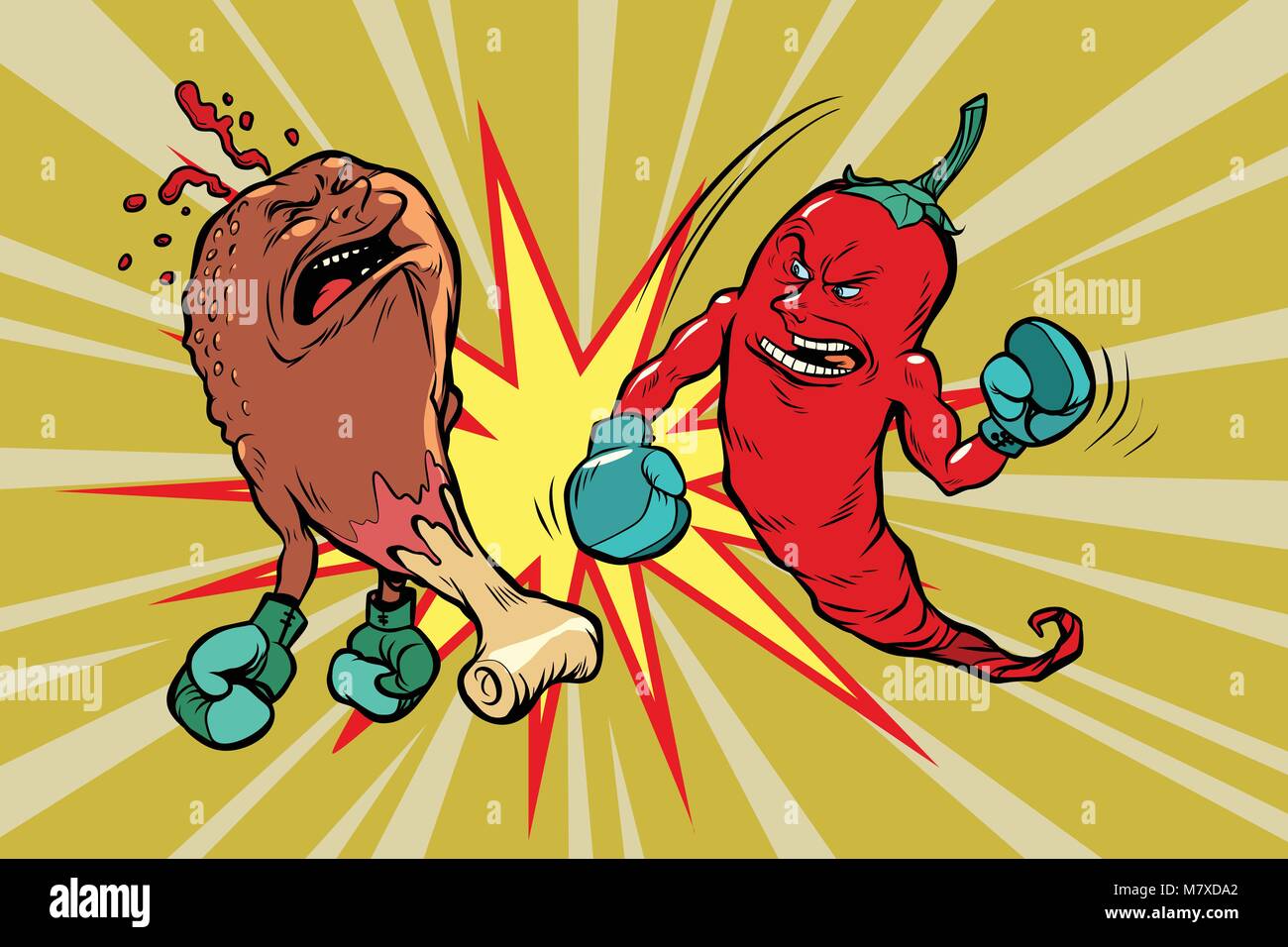 Peperone rosso batte il fast food fritto di pollo gamba Illustrazione Vettoriale