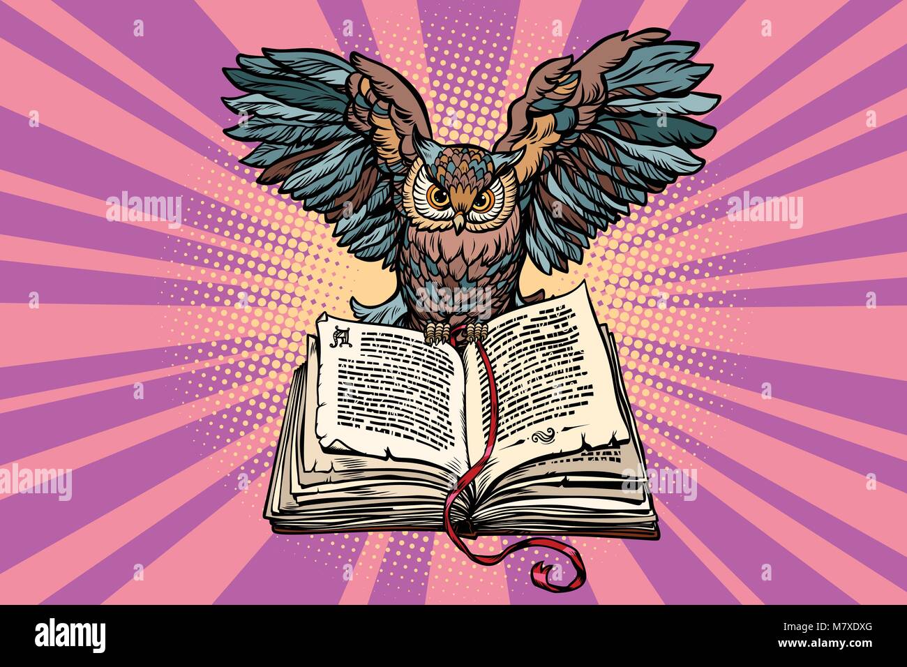 Il gufo su un vecchio libro, un simbolo della sapienza e della conoscenza Illustrazione Vettoriale