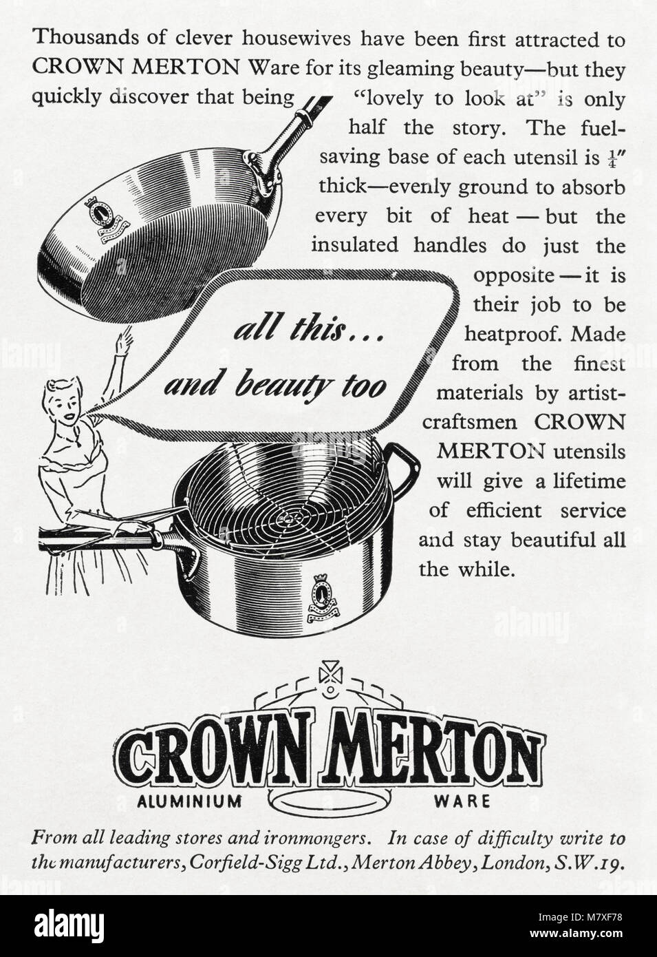 Anni Cinquanta originale vecchia vintage pubblicità pubblicità corona in alluminio Merton articoli da cucina da Corfield-Sigg di Merton Abbey Londra Inghilterra REGNO UNITO nella rivista del 1950 circa Foto Stock