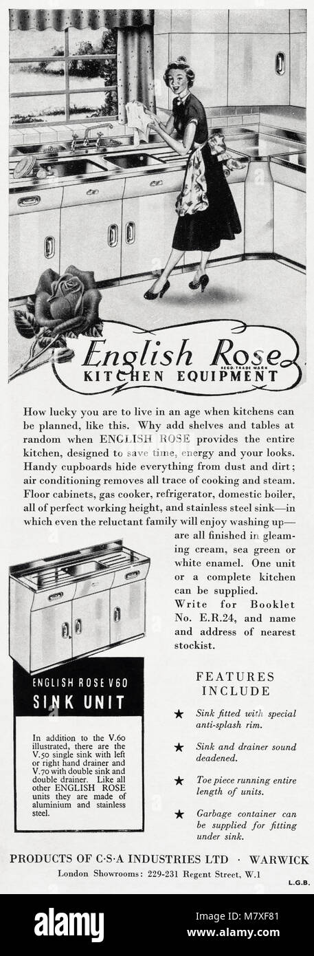 Anni Cinquanta originale vecchia vintage pubblicità pubblicità rosa Inglese cucine di Warwick Inghilterra REGNO UNITO nella rivista del 1950 circa Foto Stock