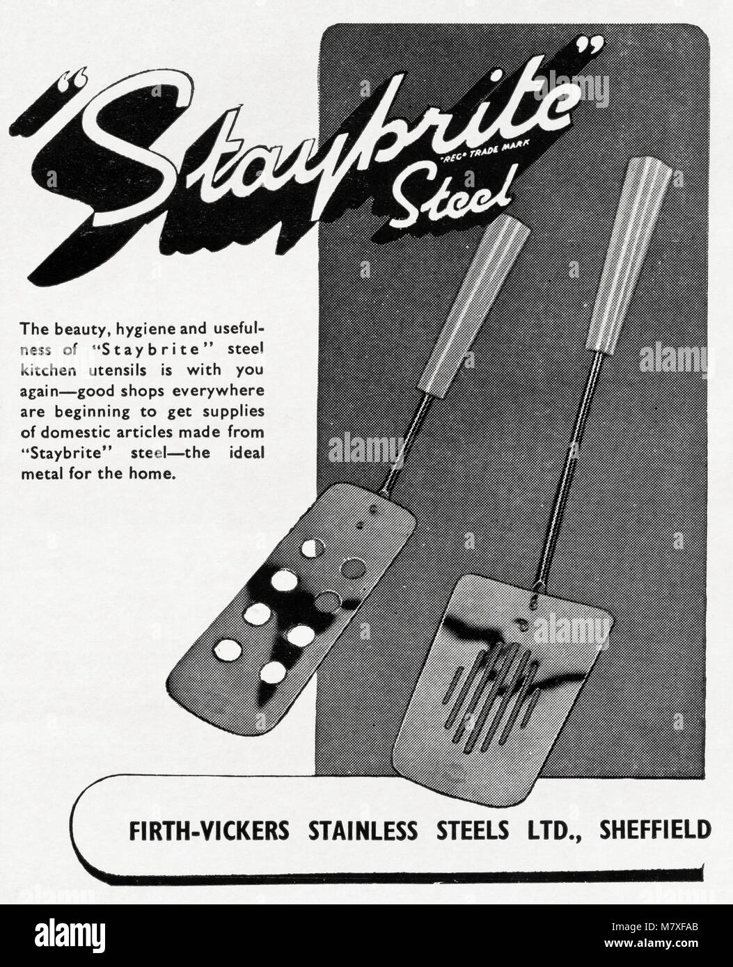 Anni Cinquanta originale vecchia vintage pubblicità pubblicità Staybrite acciaio inox utensili da cucina da Firth-Vickers di Sheffield England Regno Unito nella rivista del 1950 circa Foto Stock