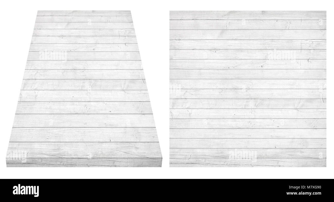 Bianco parete in legno, tavolo, la superficie del pavimento in legno, texture. Gli oggetti sono isolati su sfondo bianco Foto Stock