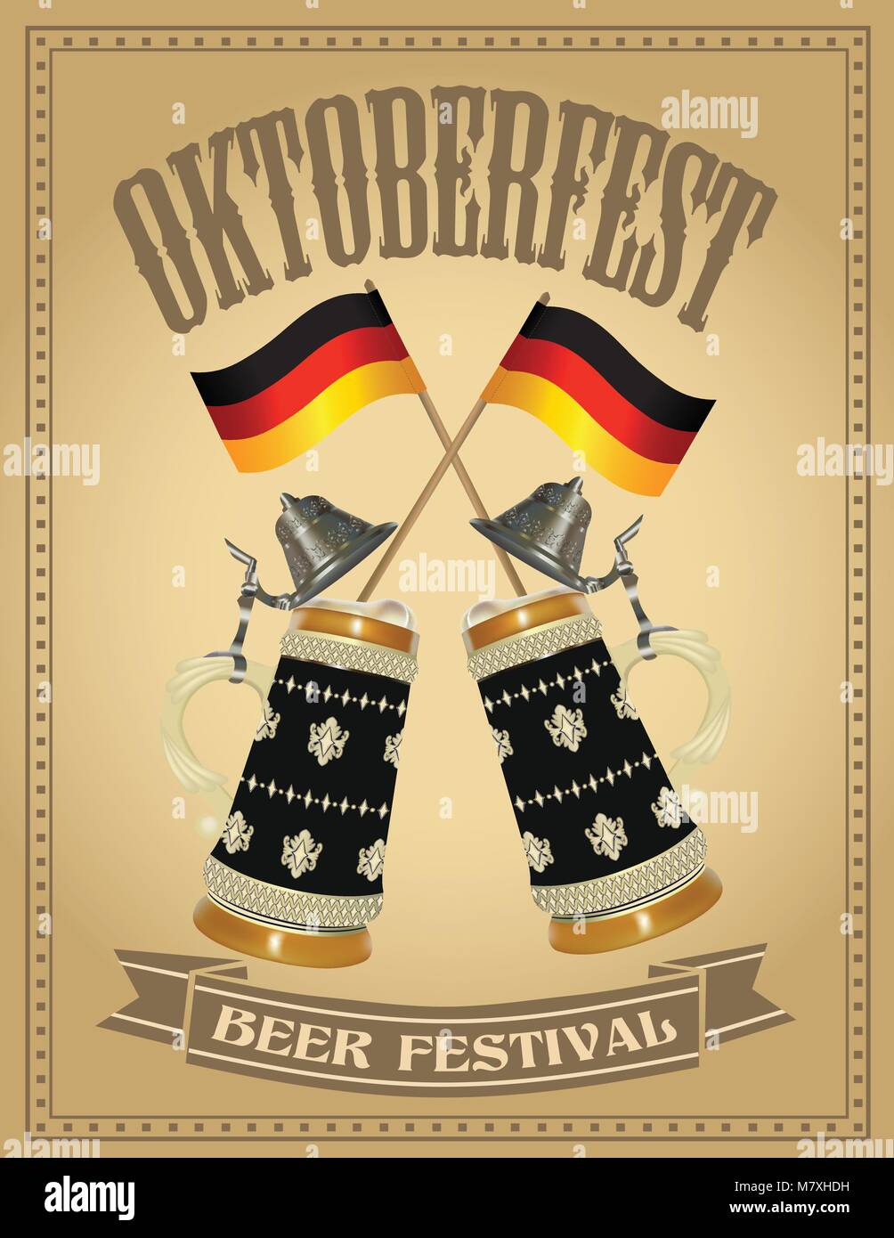 Oktoberfest poster con due birra tedesca stein Illustrazione Vettoriale