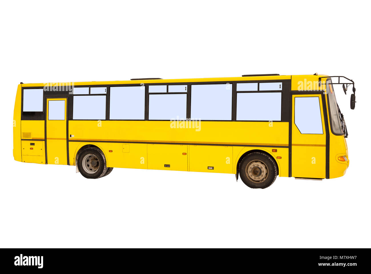 Bus giallo su sfondo bianco Foto Stock