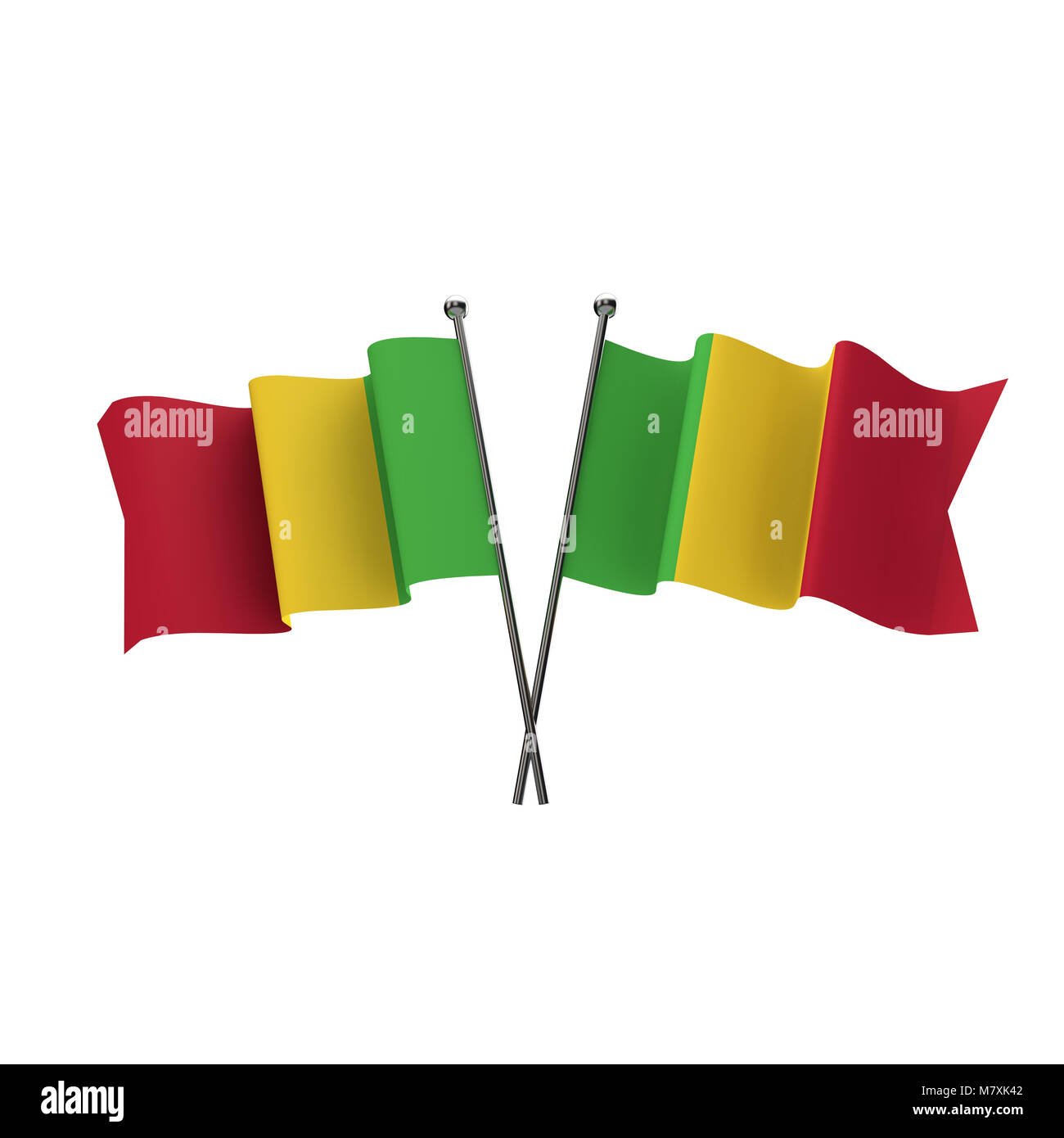 Mali bandiere incrociate isolato su uno sfondo bianco. Il rendering 3D Foto Stock