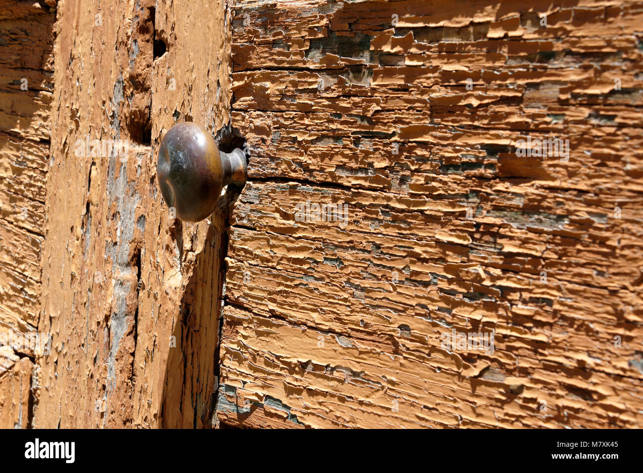 Vecchia porta di legno con il manico e la vernice di pelatura, fieno, Nuovo Galles del Sud, Australia. Foto Stock