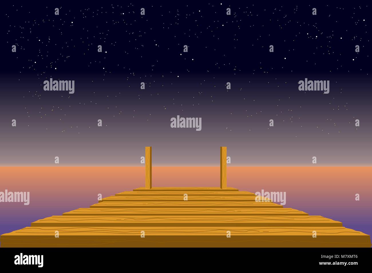 Il molo di legno in mare (a notte) con il cielo e le stelle e la linea di orizzonte. Illustrazione Vettoriale in design piatto. Illustrazione Vettoriale