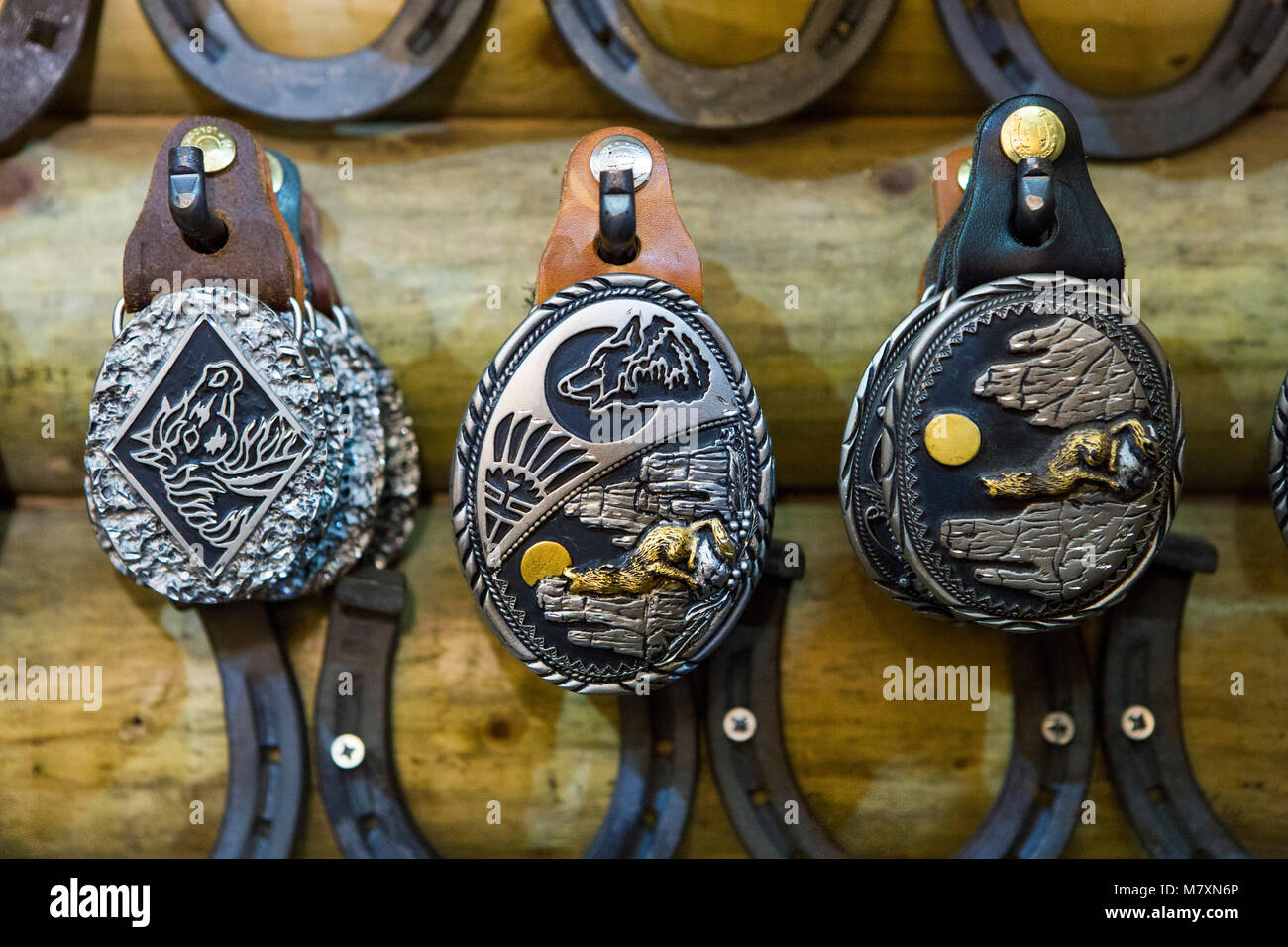 Le fibbie della cintura di sicurezza per i cowboy. Foto Stock
