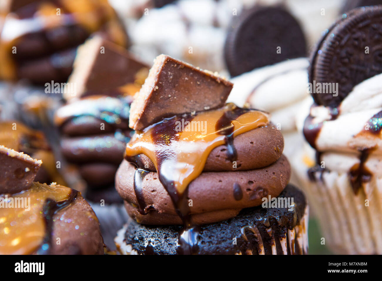 Mini fudge tortina con Oreo cupcake in background. Foto Stock