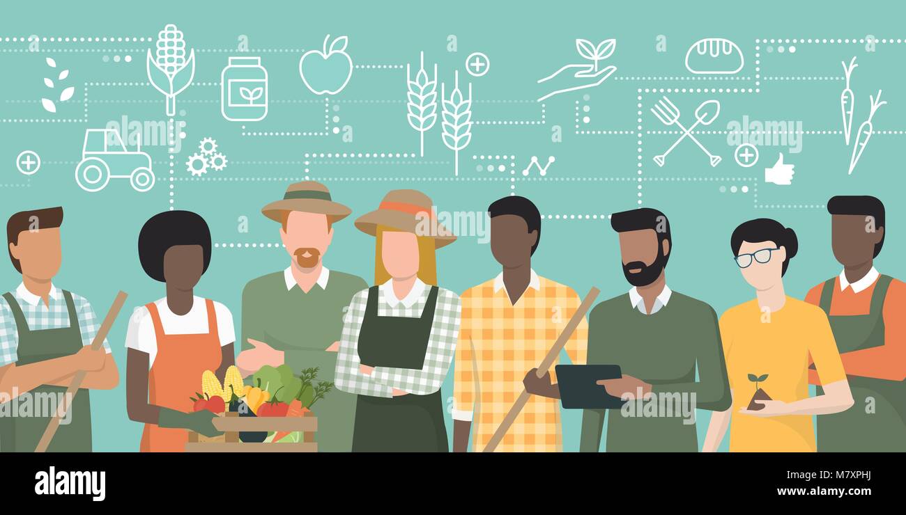 Team multietnico di agricoltori che lavorano insieme e il collegamento con una pastiglia, rete di concetti sulla parte superiore: l'agricoltura e la produzione alimentare Illustrazione Vettoriale