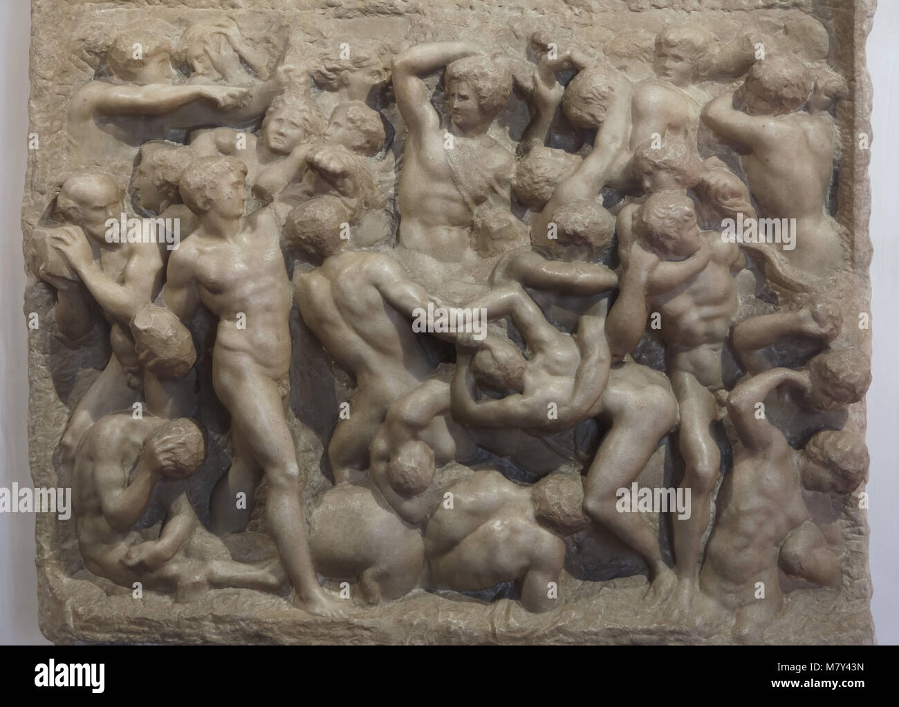 Battaglia dei Centauri. Dettaglio del rilievo marmoreo dal Rinascimento italiano scultore Michelangelo Buonarroti datato 1490-1492 sul display in Casa Buonarroti a Firenze, Toscana, Italia. Foto Stock