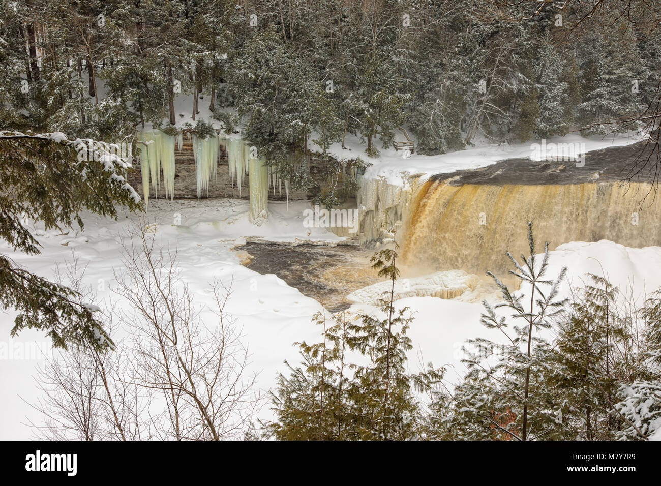 Un inverno da copertina circonda Tahquamenon Falls, una famosa cascata nella Penisola Superiore del Michigan Foto Stock