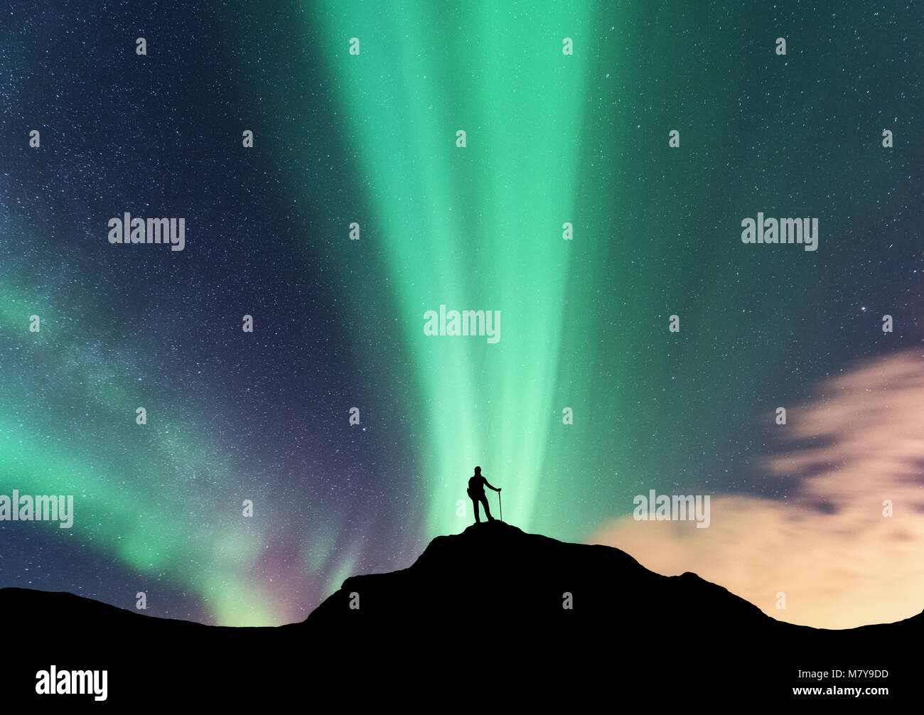 Aurora e silhouette di donna in piedi sulla cima della montagna. Isole Lofoten in Norvegia. Aurora boreale e felice ragazza. Cielo con le stelle e il verde pola Foto Stock
