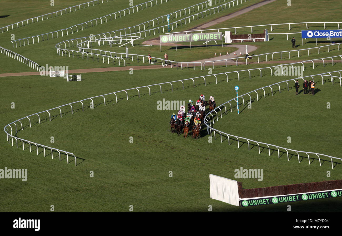 Guide e piloti a livello nazionale in materia di caccia Challenge Cup piloti amatoriali' novizi' Chase campione durante il giorno del 2018 Cheltenham Festival a Cheltenham Racecourse. Stampa foto di associazione. Picture Data: martedì 13 marzo, 2018. Vedere la storia di PA RACING Cheltenham. Foto di credito dovrebbe leggere: David Davies/filo PA. Restrizioni: solo uso editoriale, uso commerciale è soggetto ad autorizzazione preventiva da parte del Jockey Club/Cheltenham Racecourse. Foto Stock