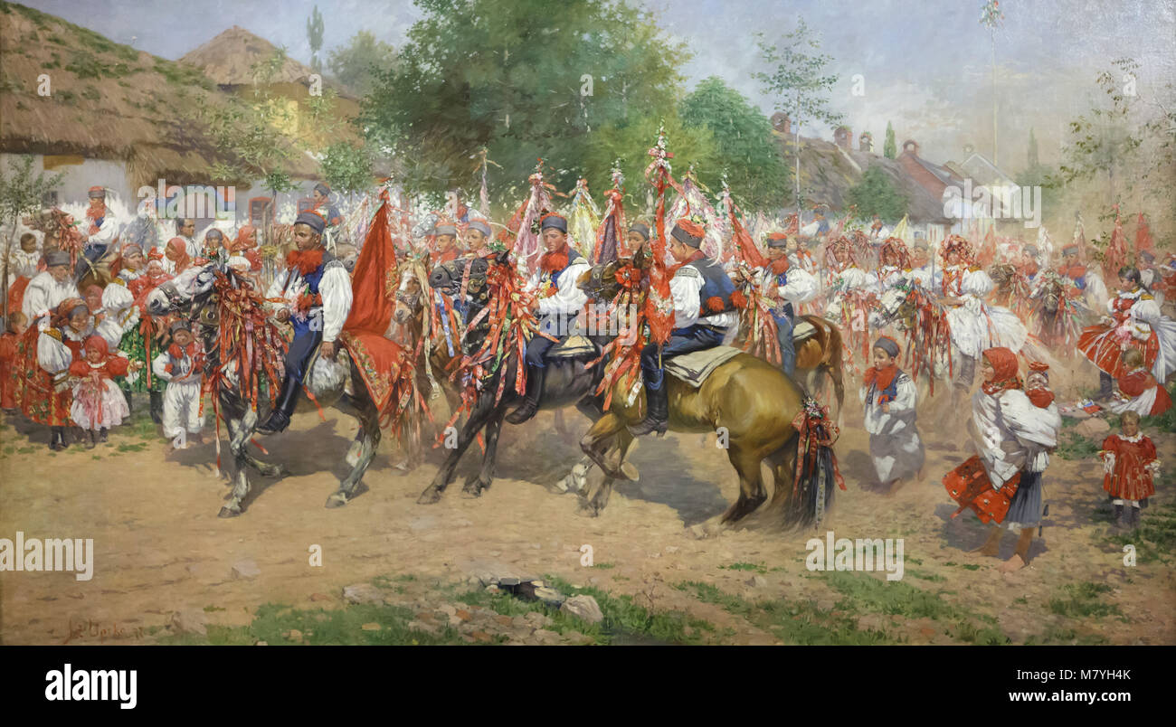 Dipinto 'Cavalcata dei Re' (1897) dal pittore ceco Joža Uprka sul display nella Galleria di Moravia in Brno, Repubblica Ceca. Foto Stock