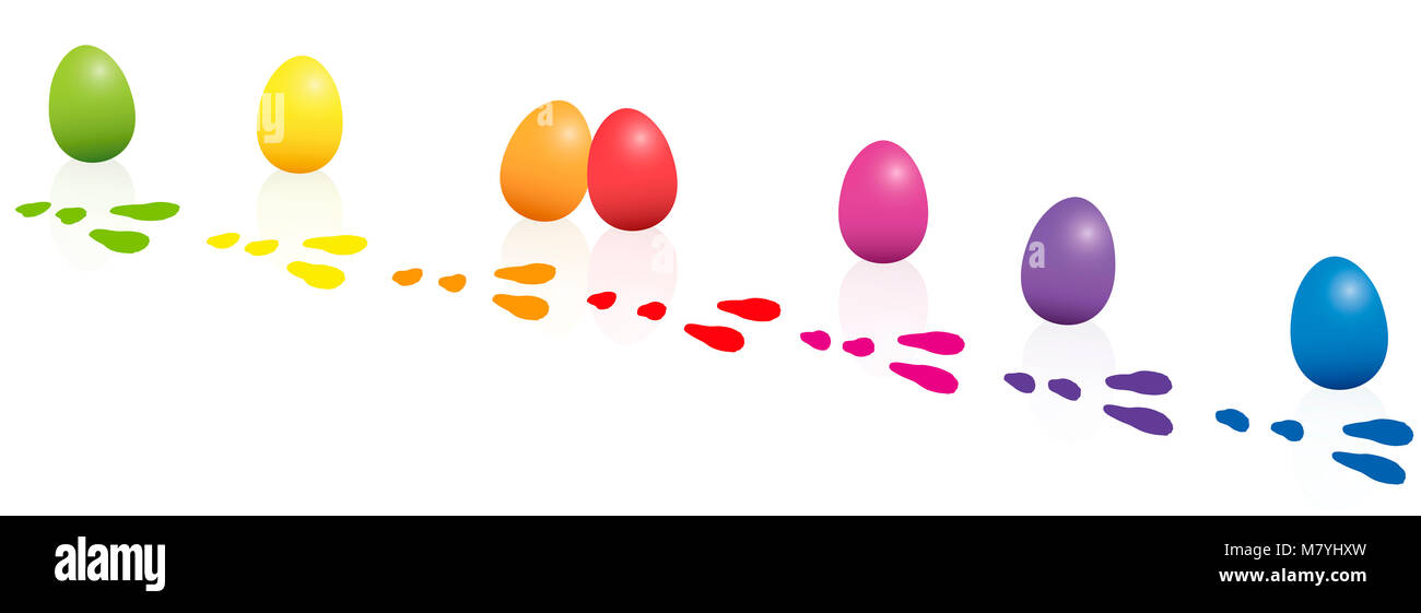 Coniglietto di pasqua orme con perdita di alcune uova di pasqua negli stessi colori come le piste - illustrazione orizzontali su sfondo bianco. Foto Stock