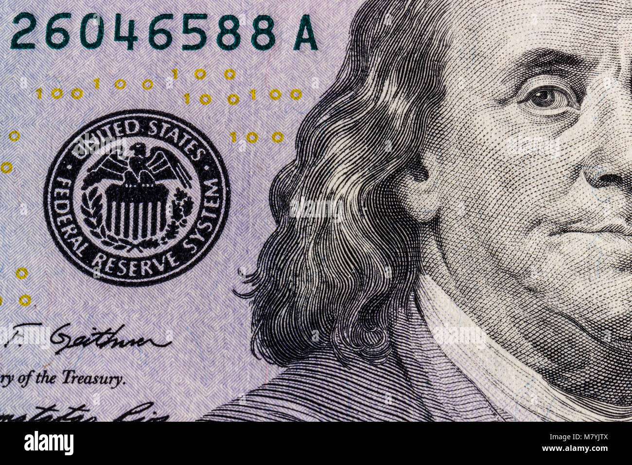 Primo piano di Ben Franklin su un centinaio di dollari per sfondo ho Foto Stock