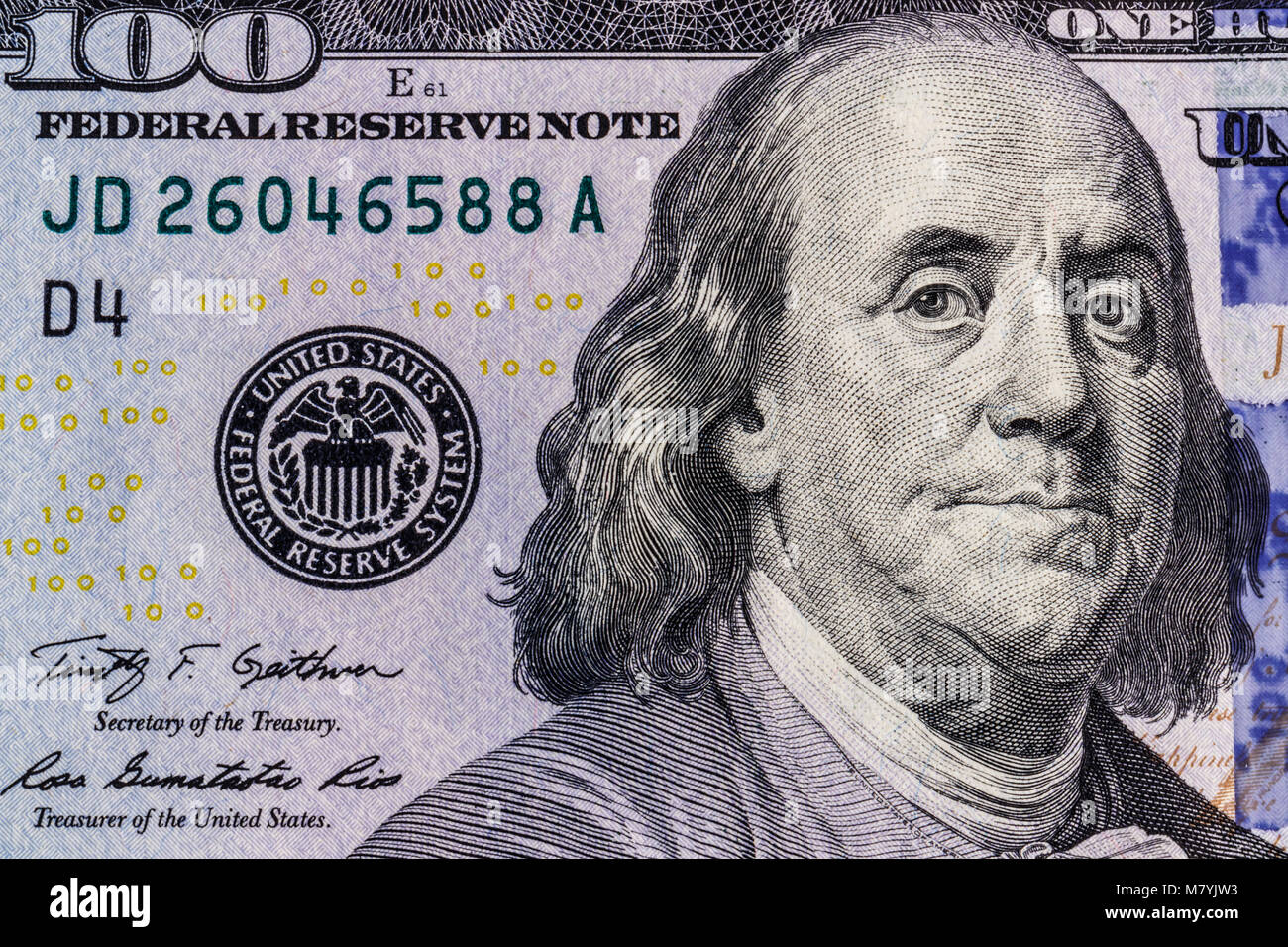 Primo piano di Ben Franklin su un centinaio di dollari per background II Foto Stock