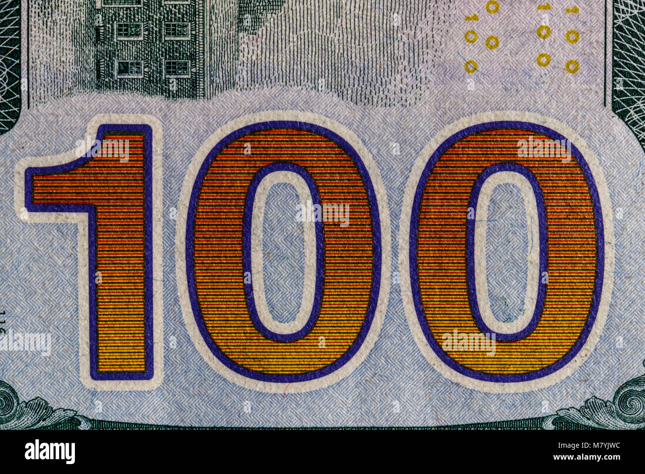 Primo piano del 100 sul retro di un centinaio di dollari per background III Foto Stock