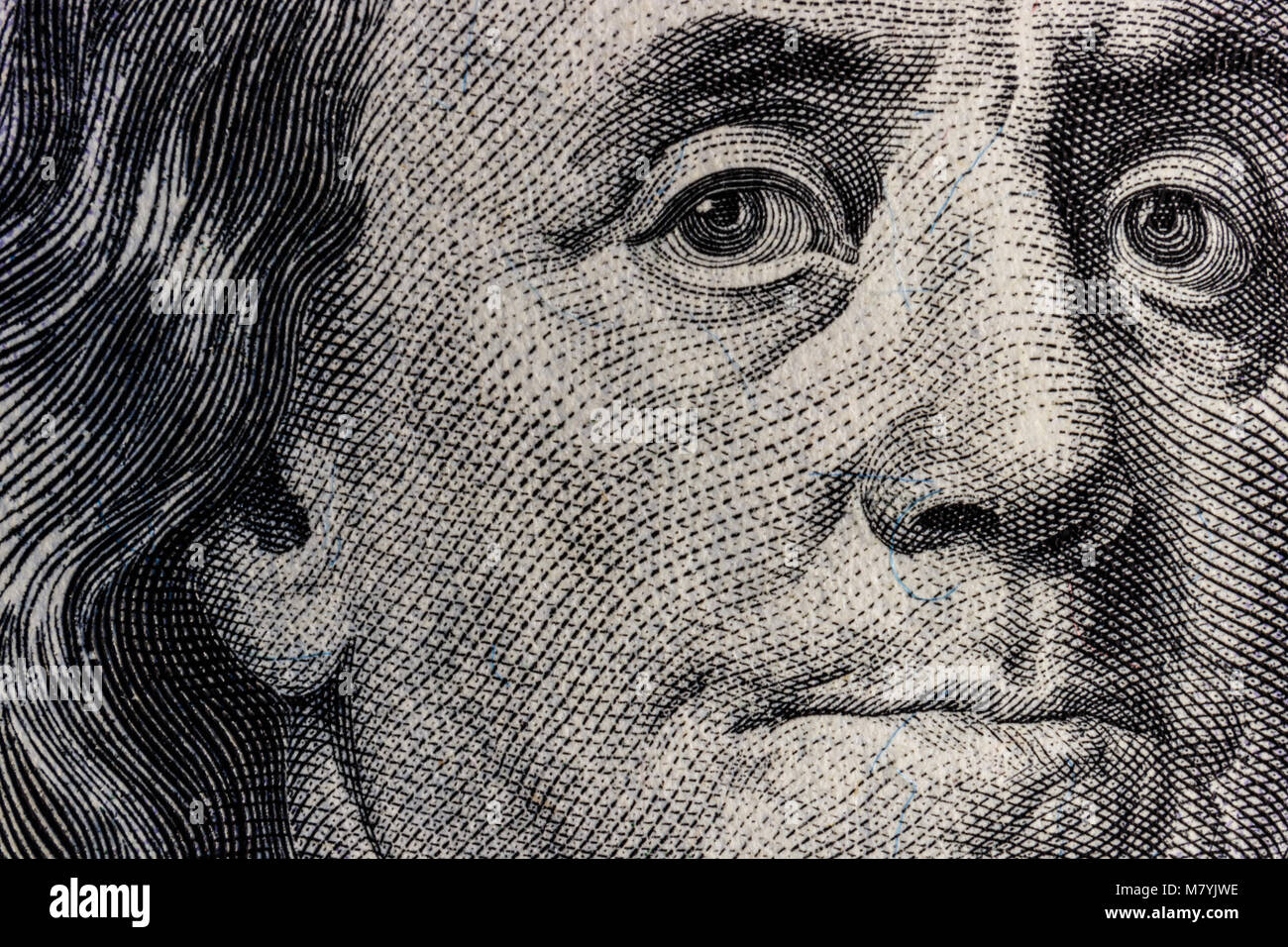 Primo piano di Ben Franklin su un centinaio di dollari per background IV Foto Stock