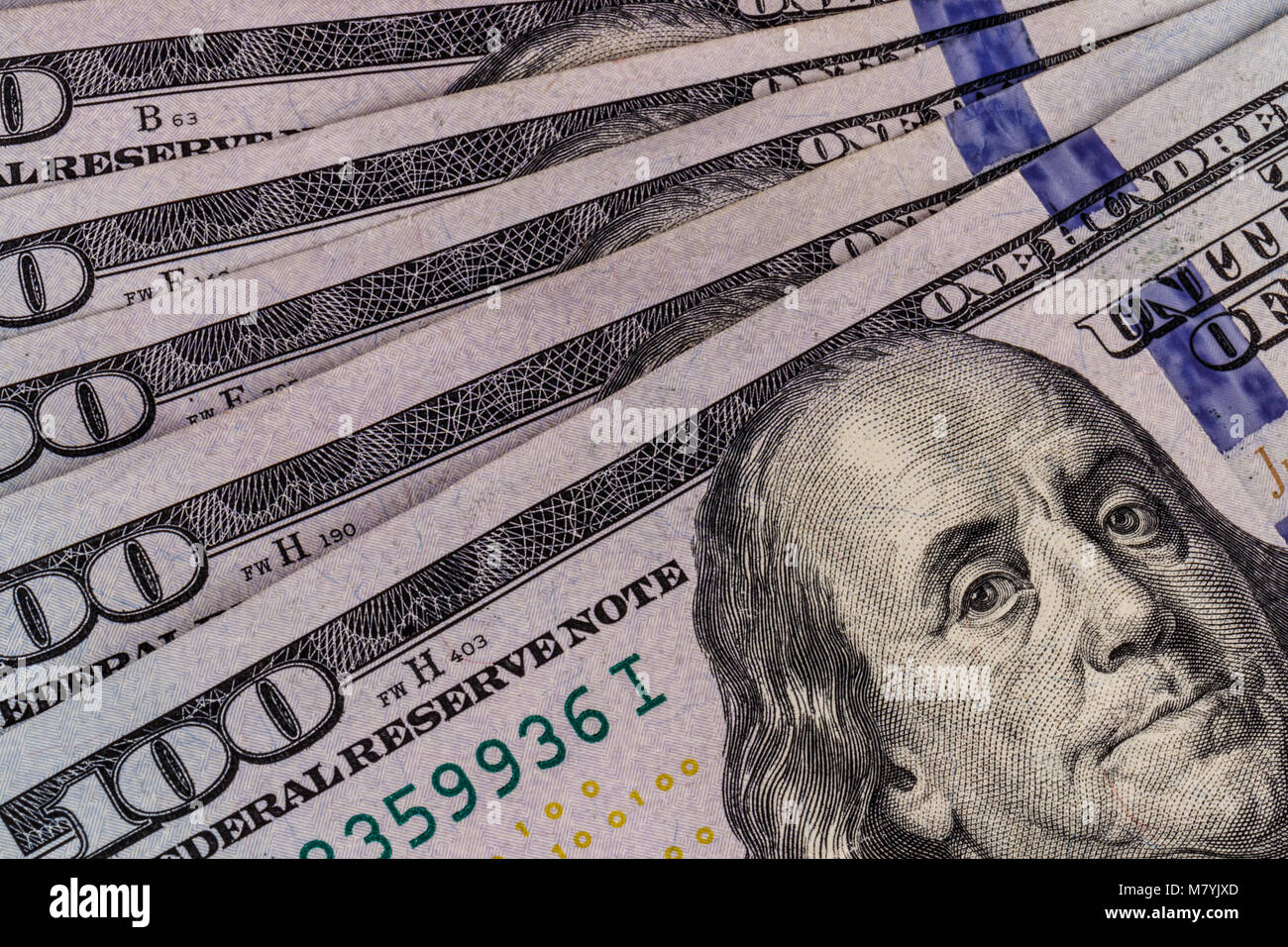 Primo piano di Ben Franklin su un centinaio di dollari per background VIII Foto Stock