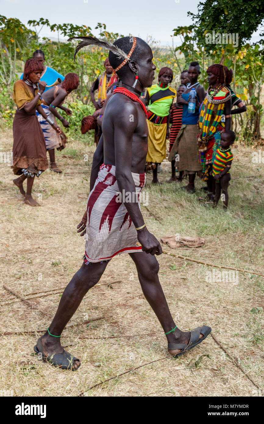 Un Hamar Tribesman si prepara a frusta Hamar giovani donne durante un 'proveniente dall'età' Bull Jumping cerimonia, Dimeka, Valle dell'Omo, Etiopia Foto Stock