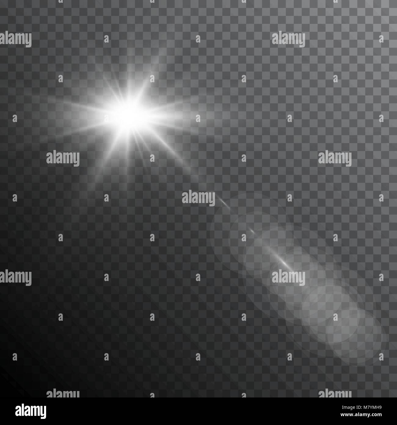 Luce incandescenza lens flare effetto speciale. Starburst lucido con bagliori. Trasparente flash sun con Spotlight e raggi Illustrazione Vettoriale