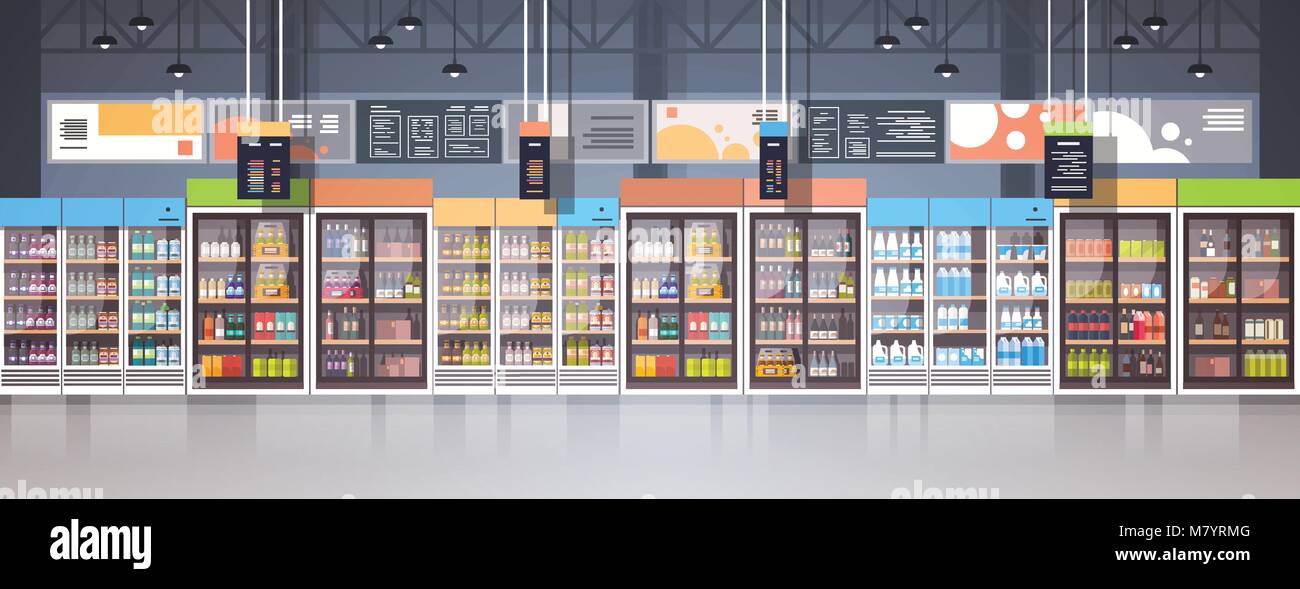 Supermercato interno negozio di vendita al dettaglio con un vasto assortimento di cibo di generi alimentari sui ripiani Banner orizzontale Illustrazione Vettoriale