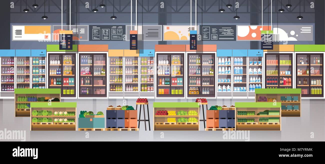 Supermercato corsia con ripiani, elementi di generi alimentari, negozi Retail e il consumismo Concept Illustrazione Vettoriale