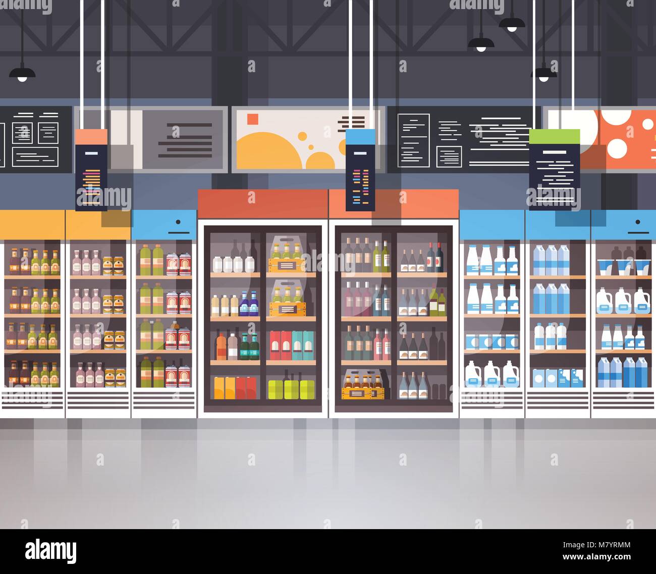 Supermercato interno negozio di vendita al dettaglio con un vasto assortimento di cibo di generi alimentari sui ripiani Illustrazione Vettoriale