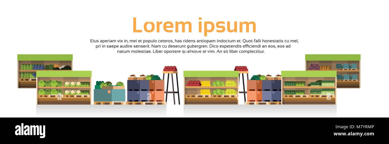 Super moderno mercato isolato ripiani Retail Store, supermercato con assortimento di cibo di negozi di generi alimentari Illustrazione Vettoriale