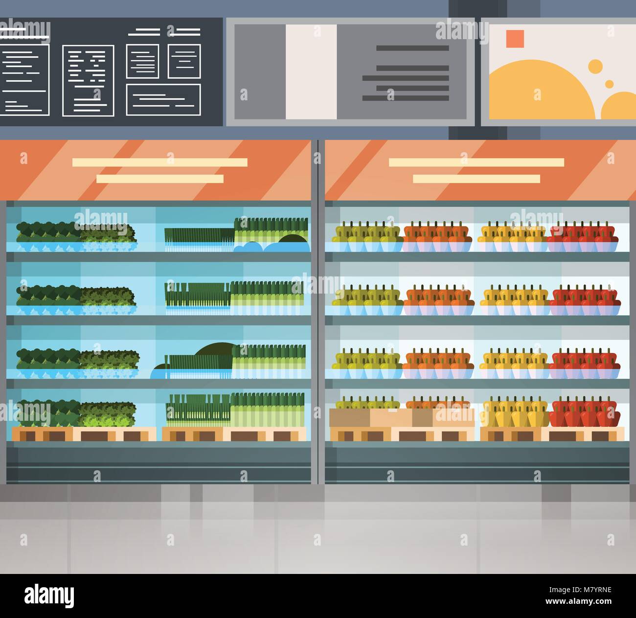 Negozio di alimentari fila con prodotti freschi sugli scaffali del supermercato moderno interno Illustrazione Vettoriale