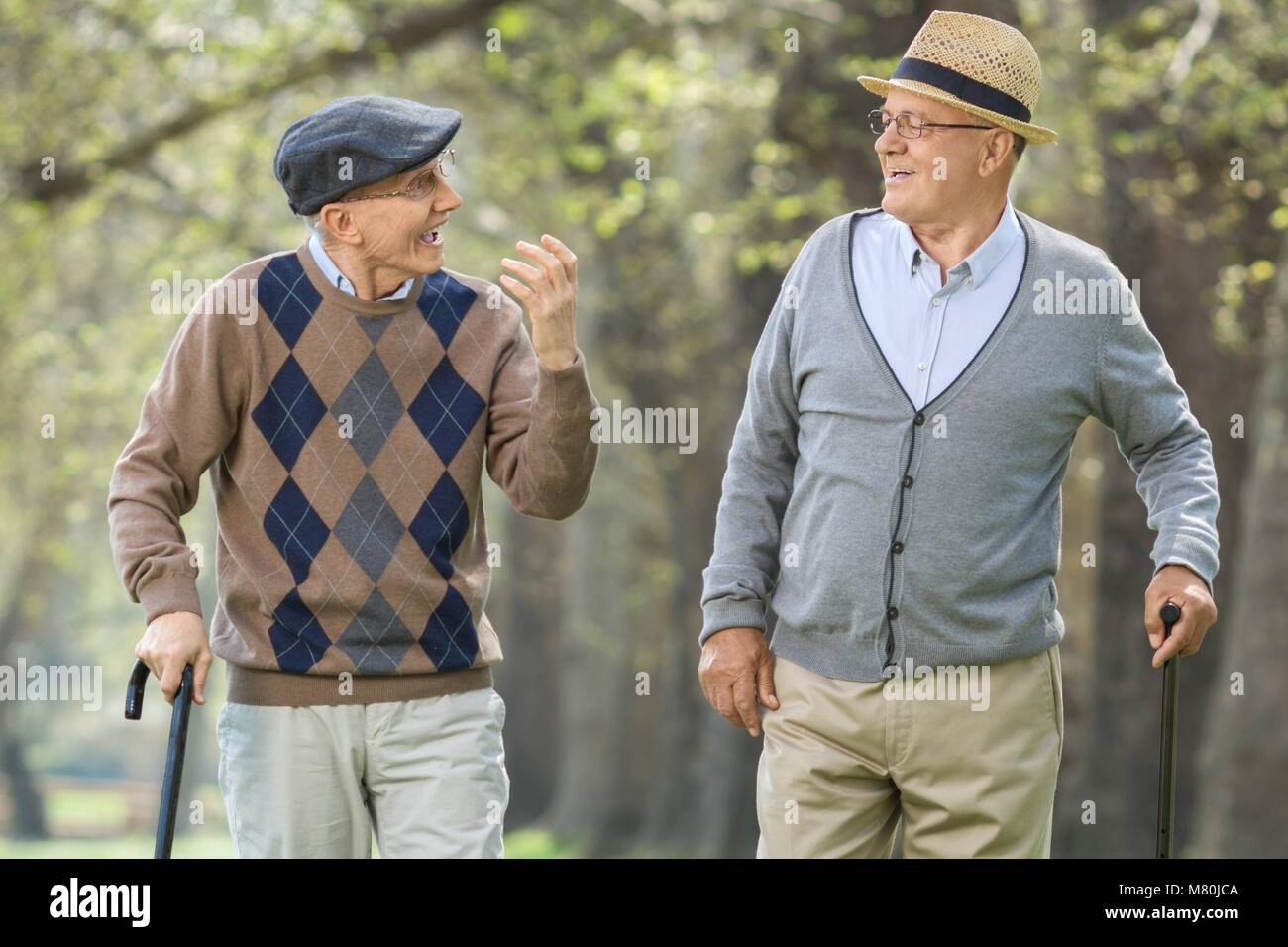 Due uomini anziani avente una conversazione all'aperto Foto Stock