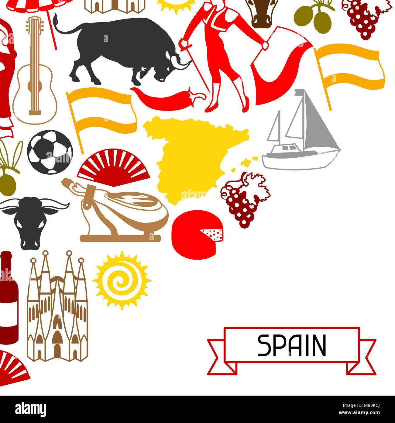 Spagna Il design dello sfondo. Lo spagnolo simboli tradizionali e oggetti Illustrazione Vettoriale