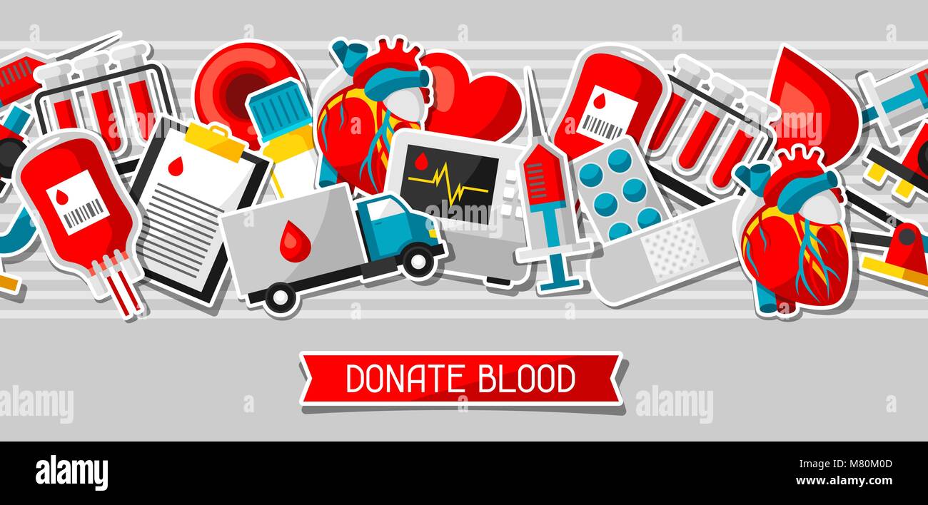 Donare sangue. Modello senza soluzione di continuità con la donazione di sangue le voci. Assistenza medica e sanitaria oggetti adesivo Illustrazione Vettoriale