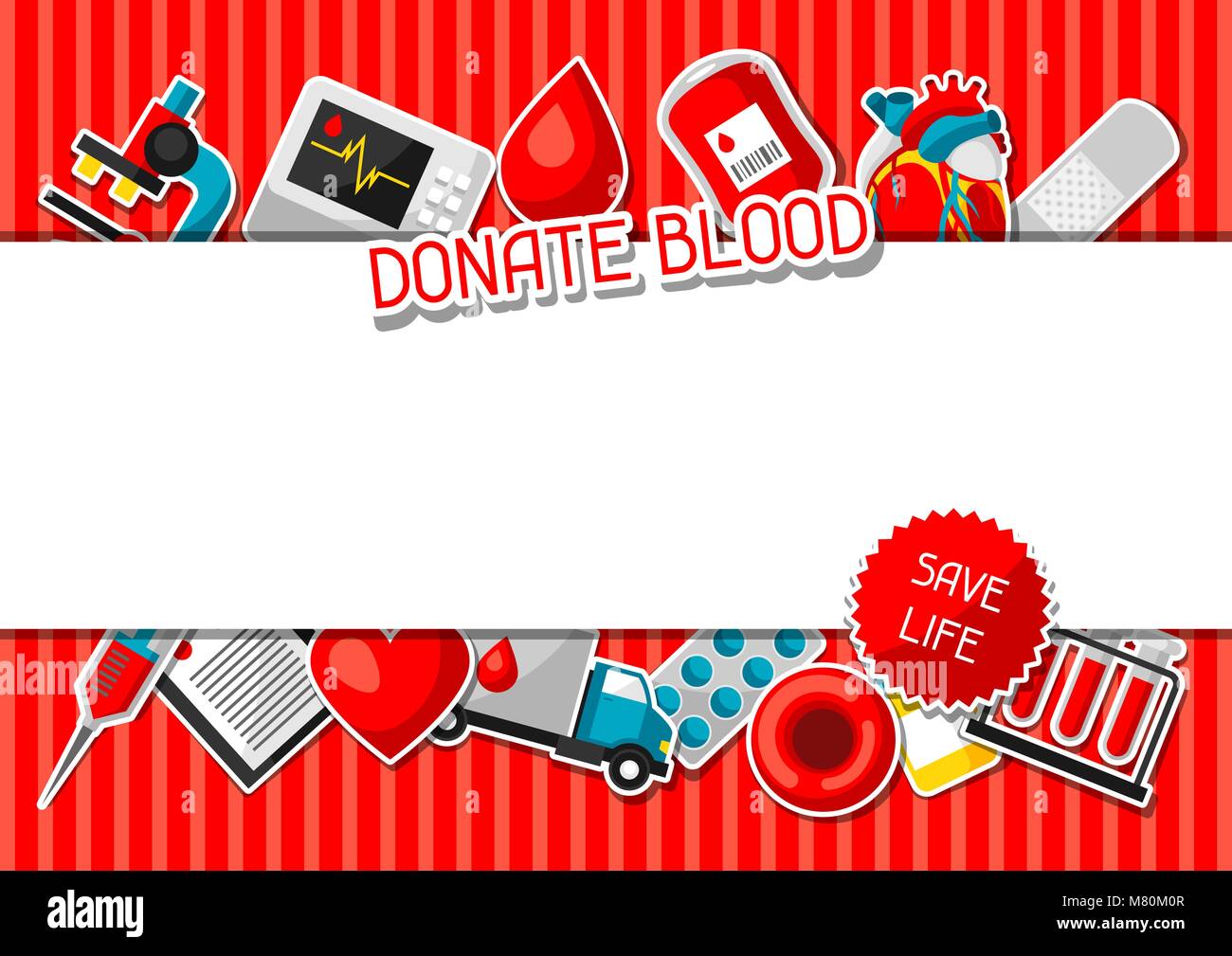 Donare sangue. Sfondo con la donazione di sangue le voci. Assistenza medica e sanitaria oggetti adesivo Illustrazione Vettoriale