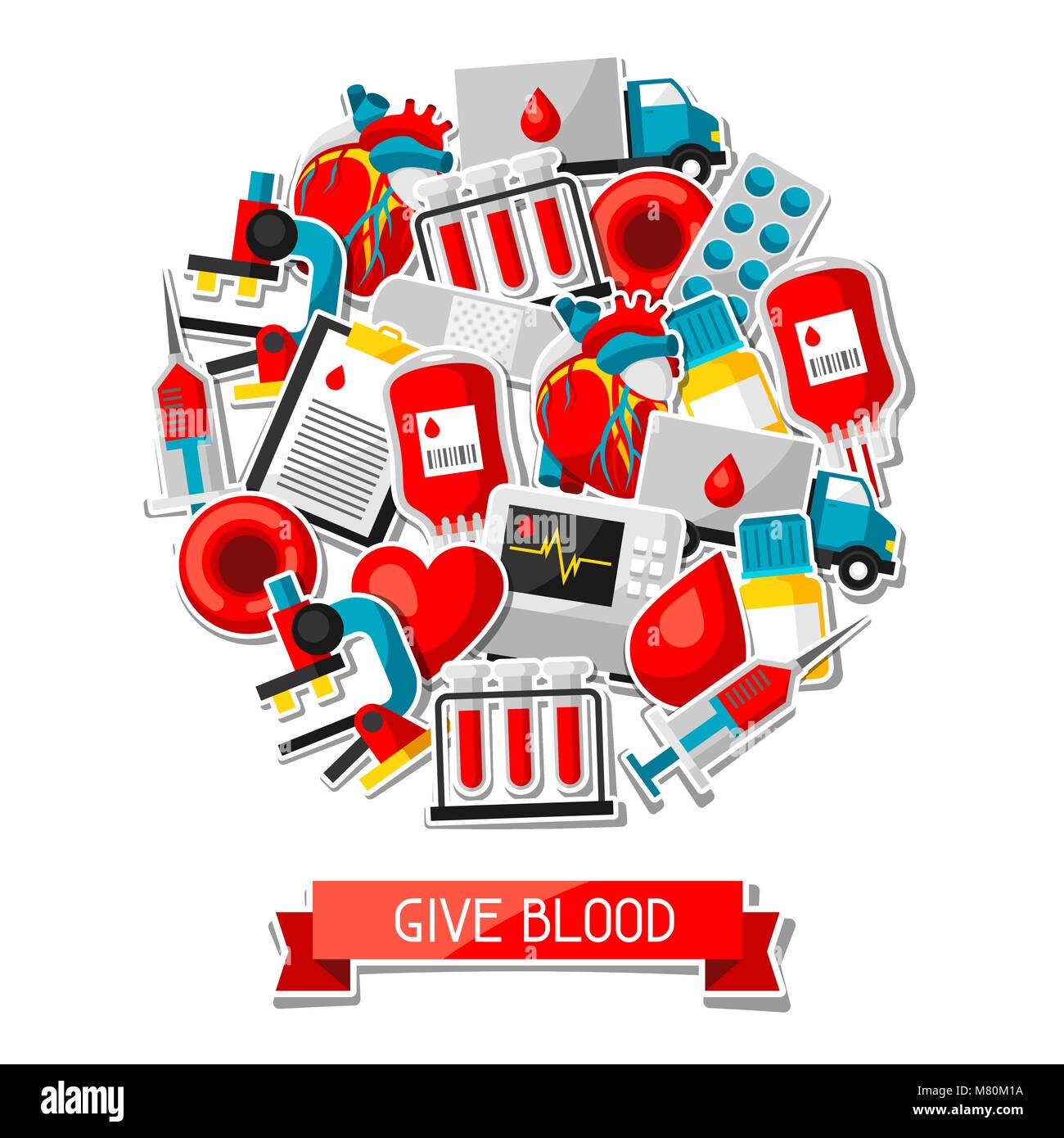 Donare il proprio sangue. Sfondo con la donazione di sangue le voci. Assistenza medica e sanitaria oggetti adesivo Illustrazione Vettoriale