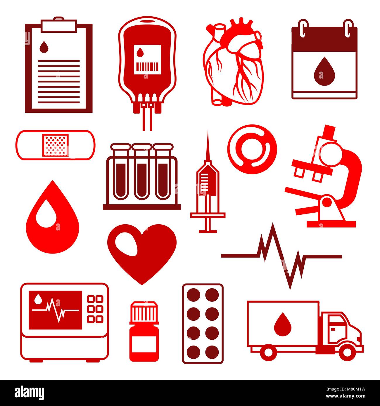 Set di donazione di sangue gli elementi. Assistenza medica e sanitaria di oggetti Illustrazione Vettoriale
