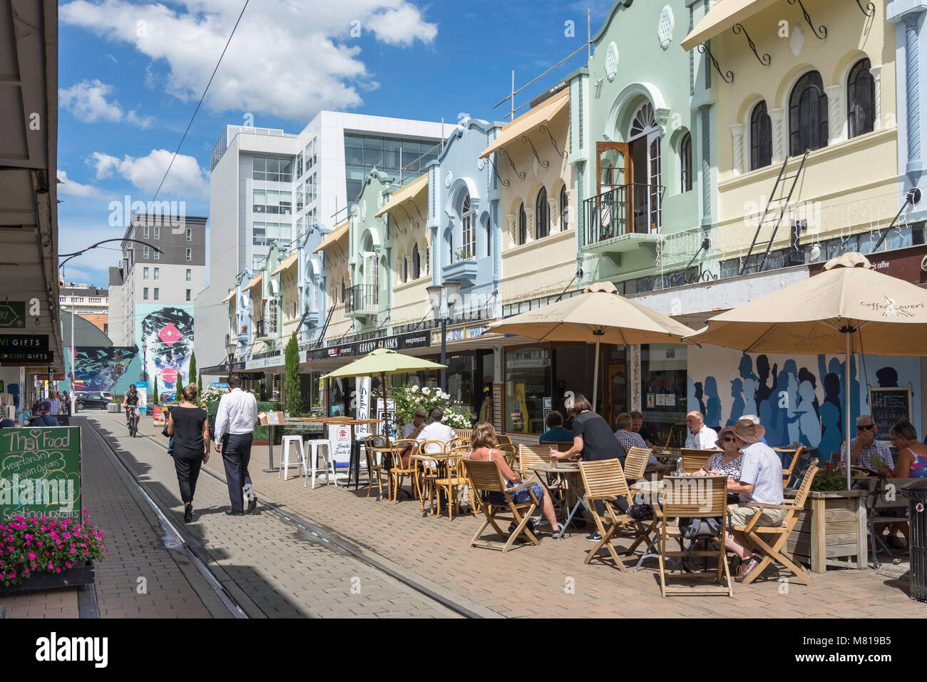La missione spagnola architettura in stile, Nuovo Regent Street, Christchurch, Canterbury, Nuova Zelanda Foto Stock