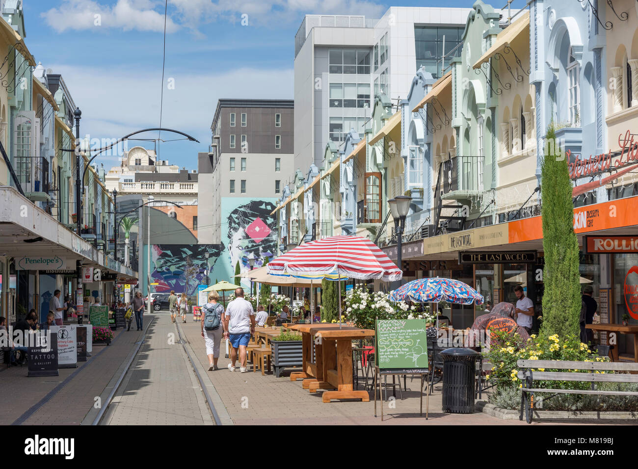 La missione spagnola architettura in stile, Nuovo Regent Street, Christchurch, Canterbury, Nuova Zelanda Foto Stock