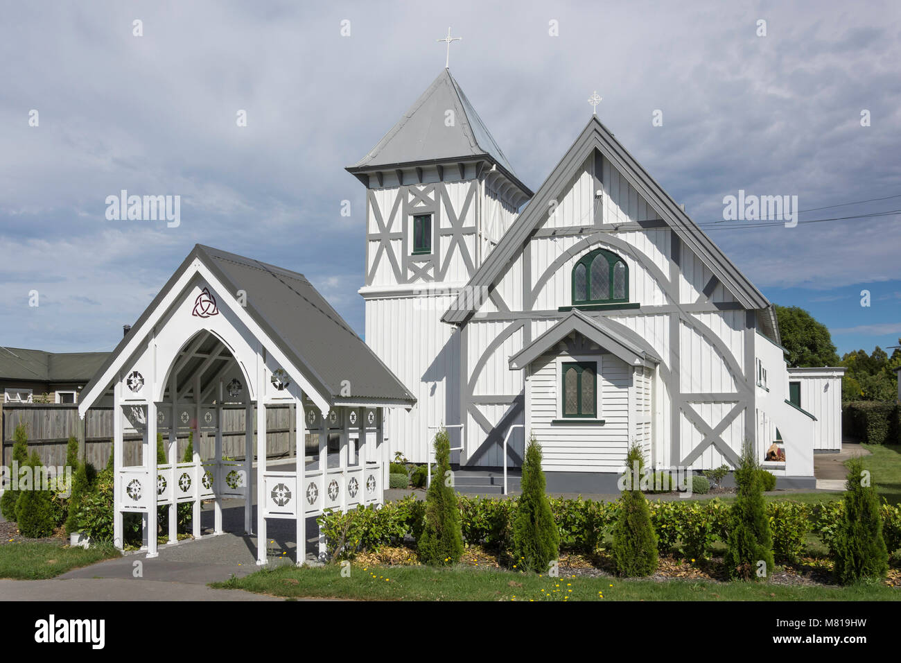 Storica chiesa della Santa Passione di Nostro Signore, carradori Road, Amberley, regione di Canterbury, Nuova Zelanda Foto Stock