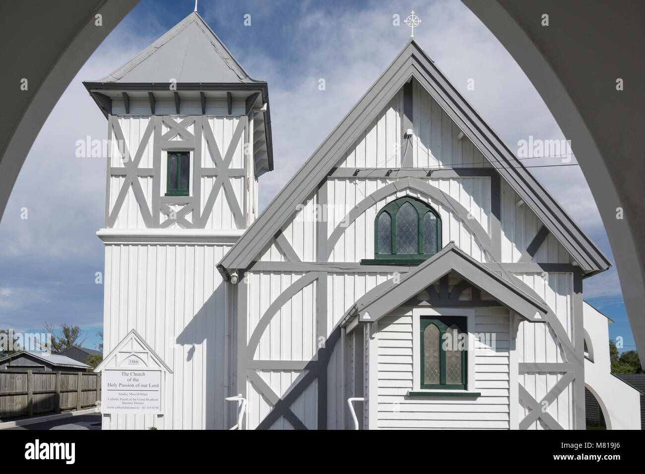 Storica chiesa della Santa Passione di Nostro Signore, carradori Road, Amberley, regione di Canterbury, Nuova Zelanda Foto Stock
